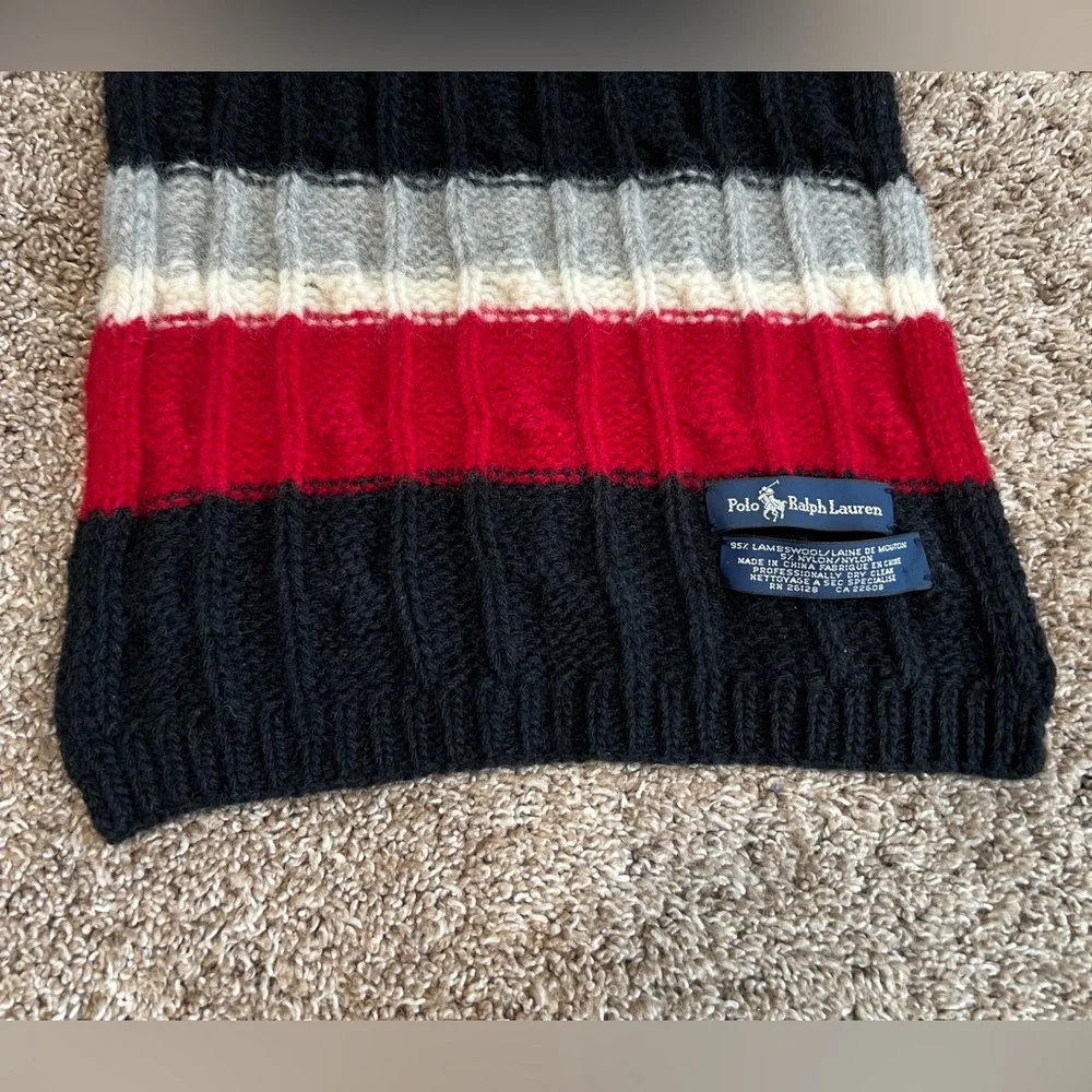 Polo Ralph Lauren Vintage Cable Knit Winter Scarf Wool Blend Black Red Grey RARE